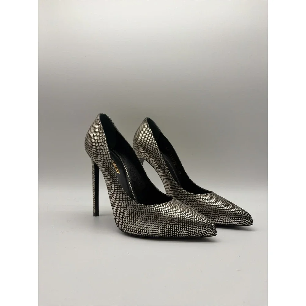 Saint Laurent Paris Anja Pumps Silver Black Snakeskin Stiletto Heels‎ 315530 38